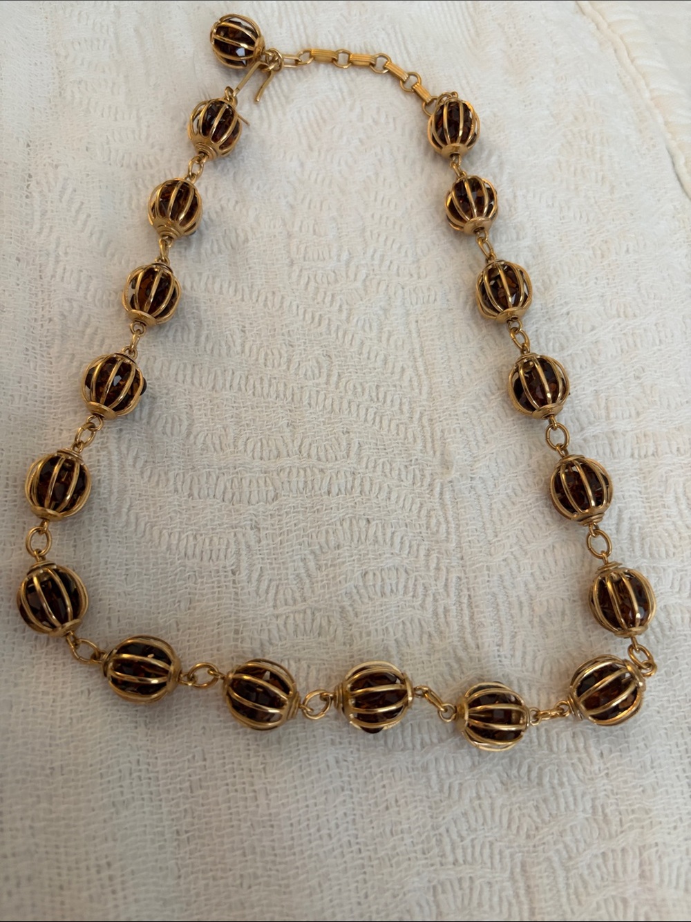 Vintage Trifari Caged Bead Station Necklace Gold Tone Amber Lucite 1970s